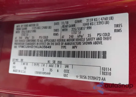 2019 Ford Escape Sel z USA, uszkodzony, nr VIN 1FMCU9HD1KUA35649